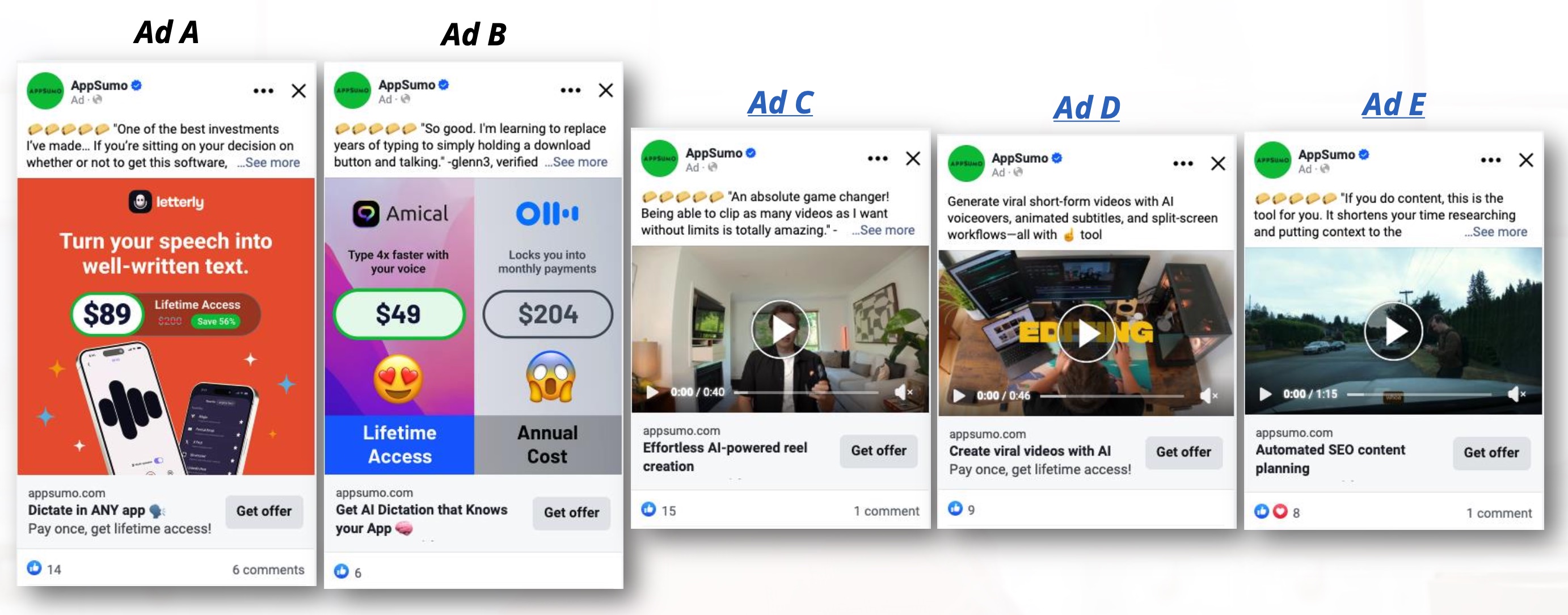 A mix of AppSumo ads showing vertical static creative next to 16:9 video ad formats