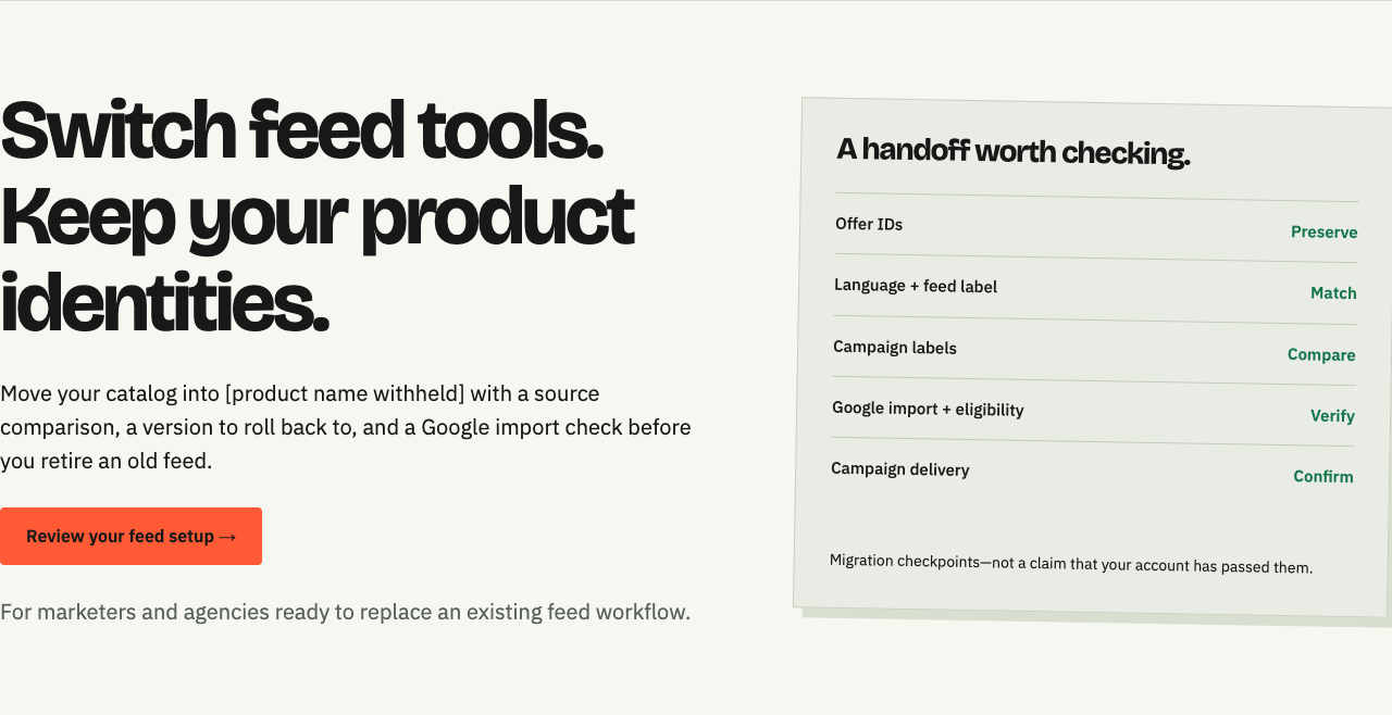 Second homepage concept: Switch feed tools. Keep your product identities.