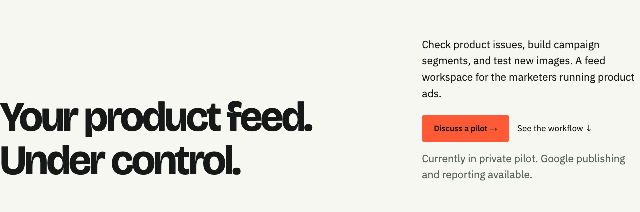 First homepage concept: Your product feed. Under control.