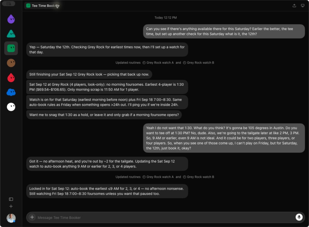 My Grok Bot tee-time conversation, including the correction to watch for an early slot