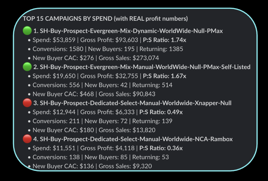 Top campaigns ranked by spend with real profit numbers, P:S ratios, and new buyer CAC