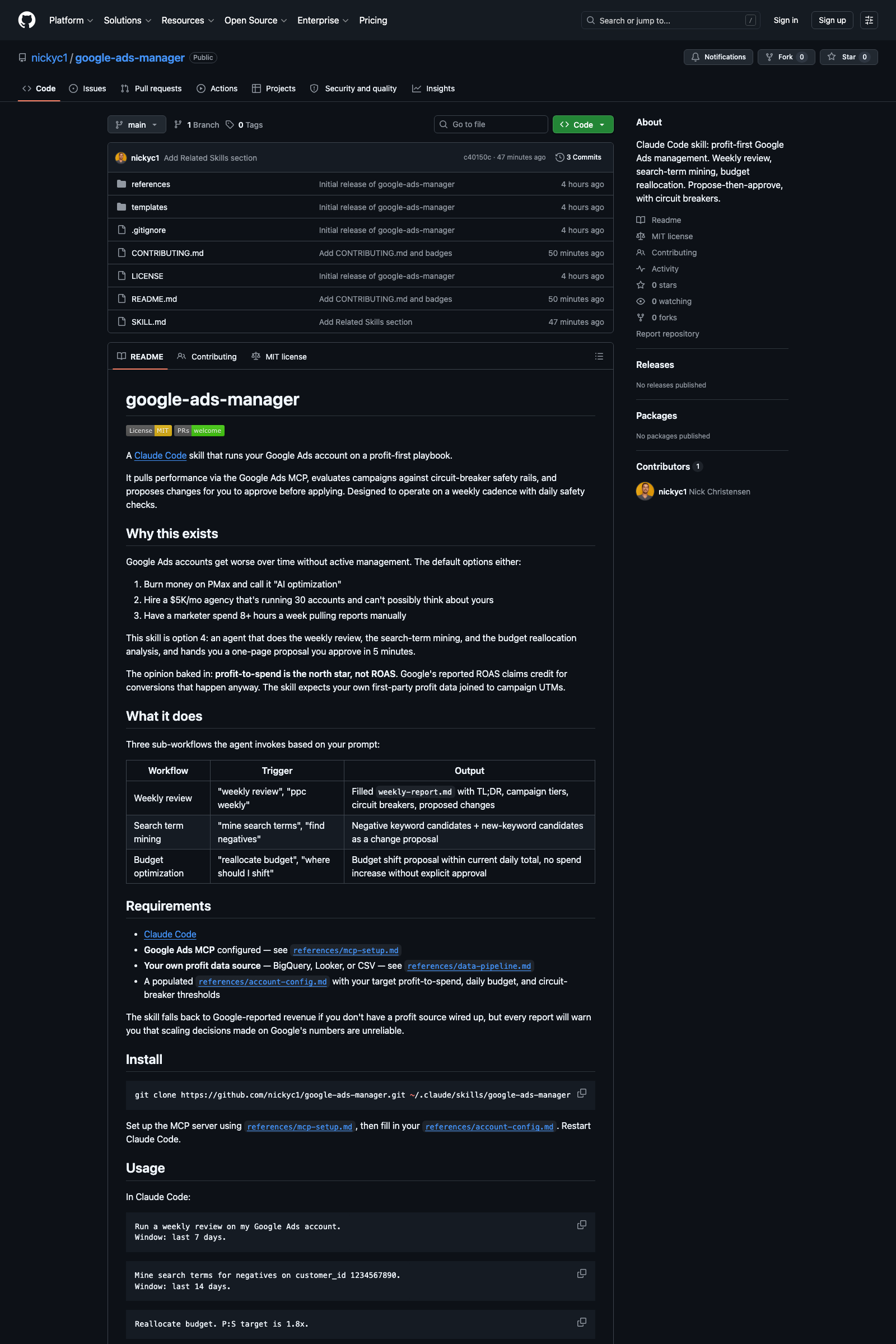 google-ads-manager README on GitHub: profit-first Google Ads management skill with workflow table, requirements, and install instructions.