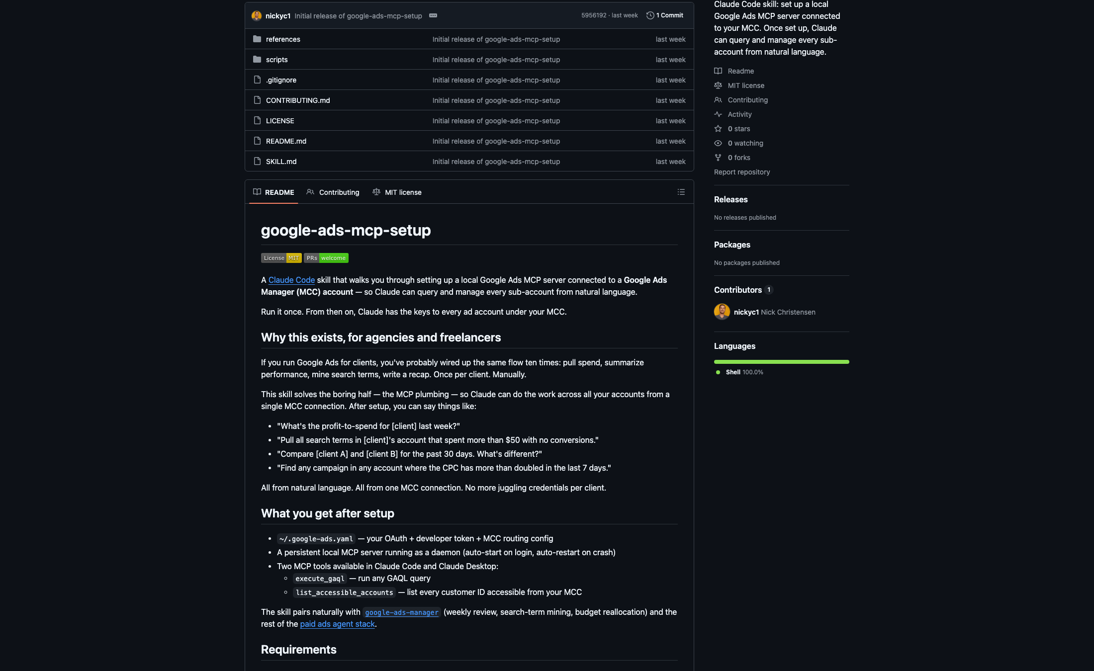 nickyc1/google-ads-mcp-setup repo on GitHub: Claude Code skill that walks through the manager-account-plus-MCP setup end to end.