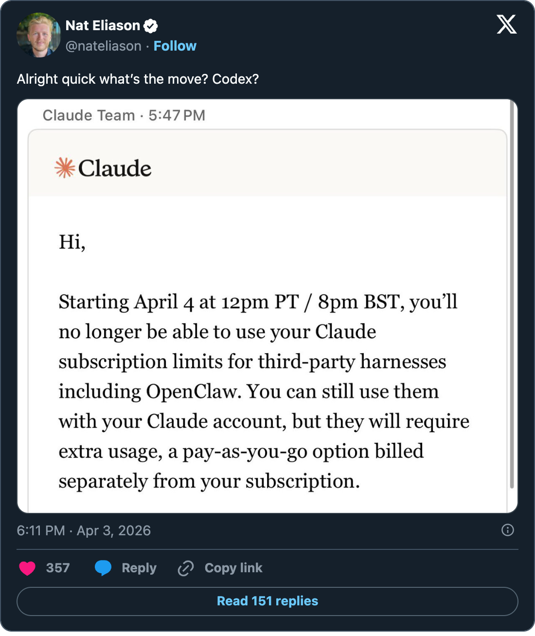 Nat Eliason's reaction: "Alright quick what's the move? Codex?"
