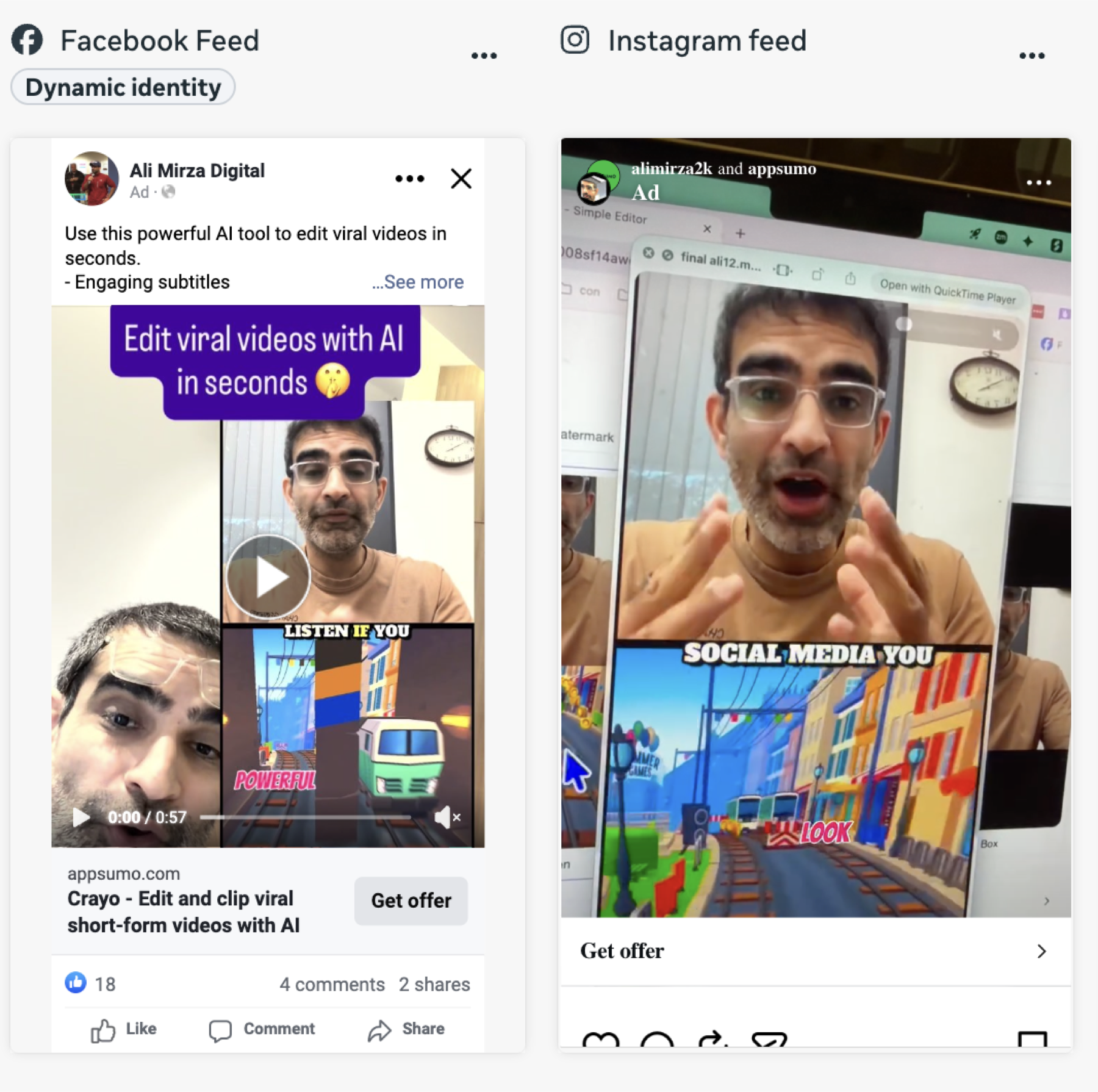 Example AppSumo Meta partnership ad showing creator identity on Facebook and Instagram placements