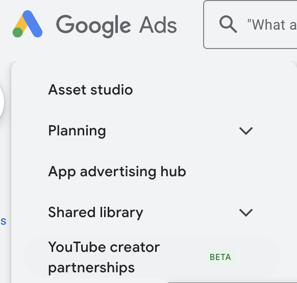 YouTube creator partnerships in the Google Ads Tools menu
