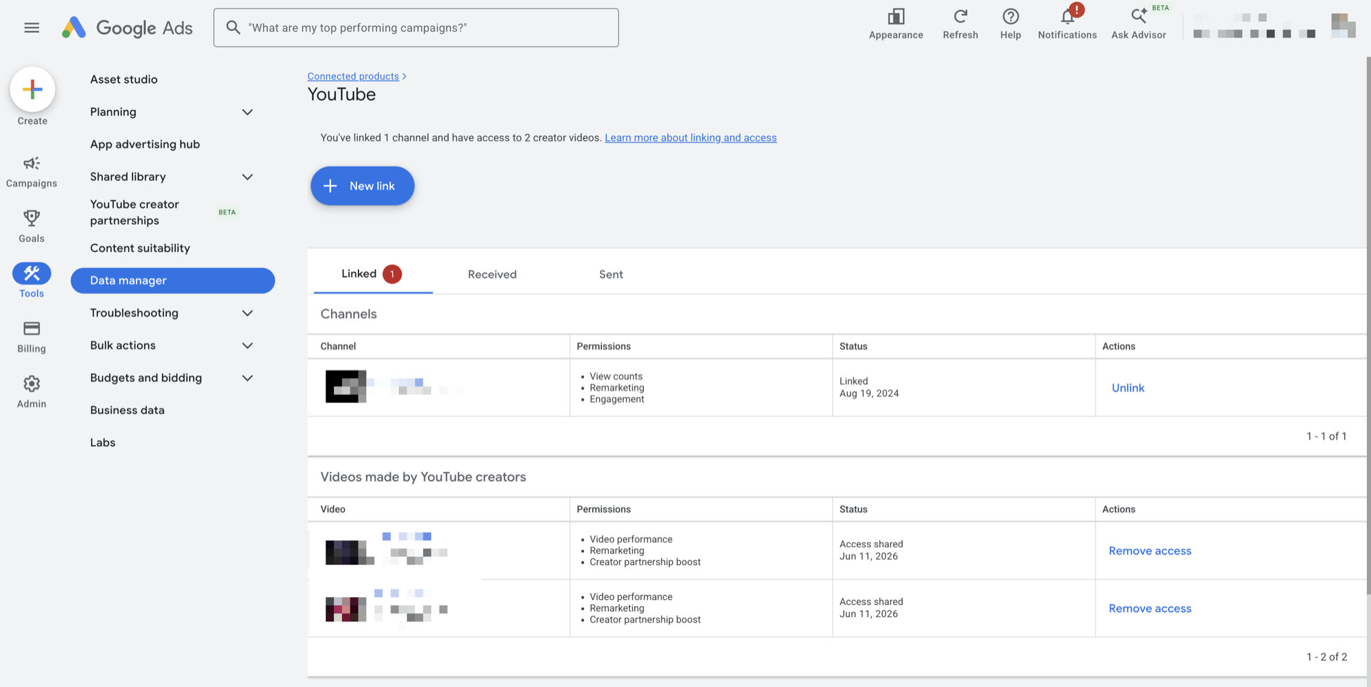 Google Ads Data Manager showing a linked YouTube brand channel and two approved creator videos