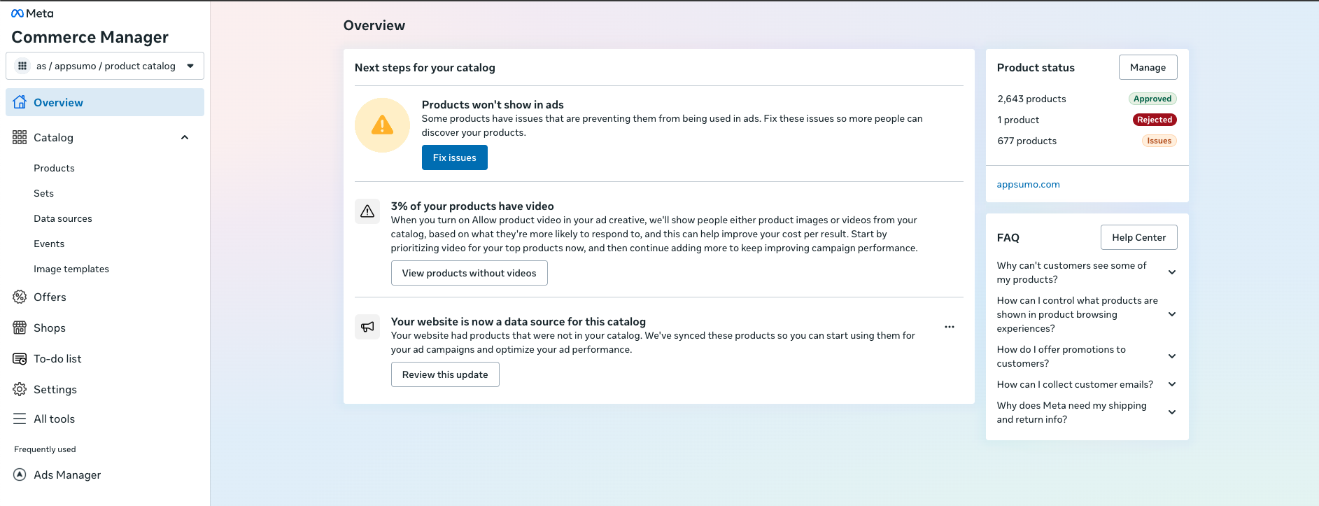 Meta Commerce Manager overview showing a catalog with approved products, rejected products, product issues, and a warning that only a small share of products have video.