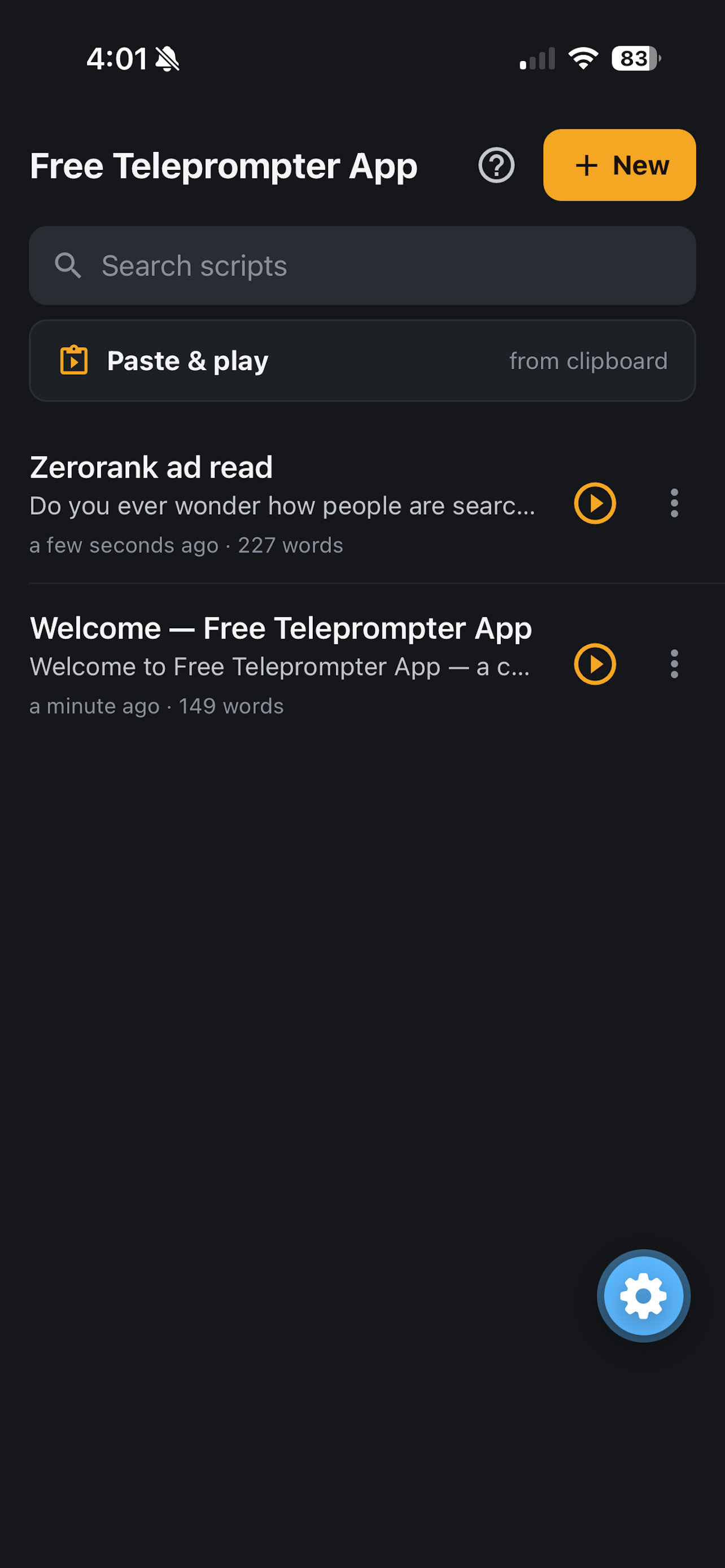 Saved scripts in Free Teleprompter App