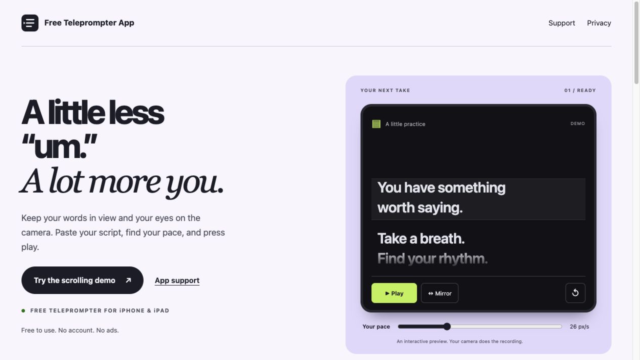 The Free Teleprompter App website, with links to support and privacy and an interactive scrolling demo