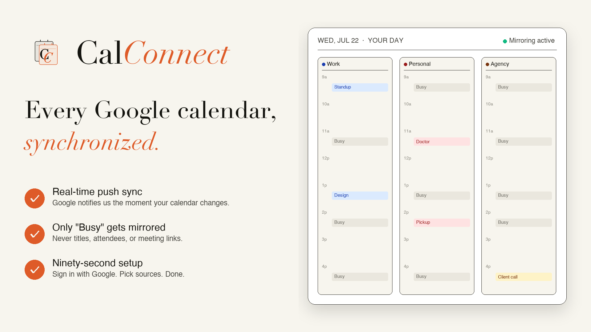 CalConnect landing page showing Google Calendar busy block syncing