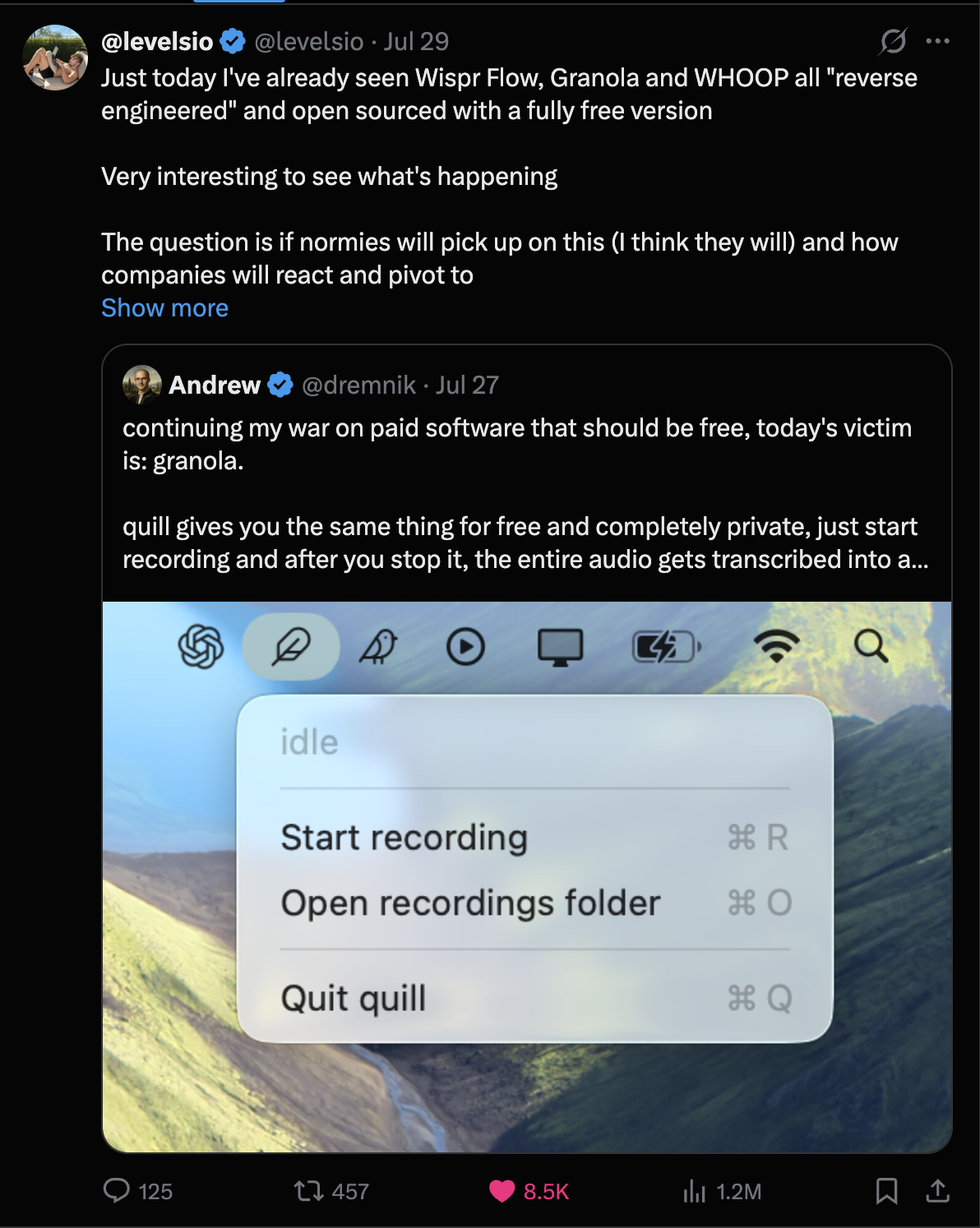 Pieter Levels tweet about free open source versions of paid software